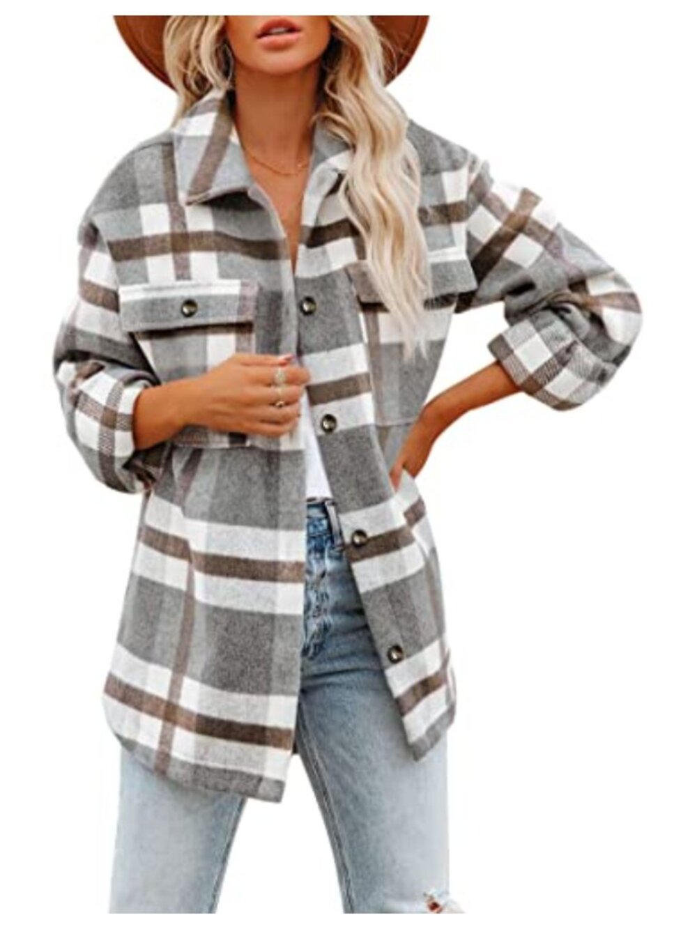 Women's Plaid Flannel Shacket Long Sleeve Button Down Oversized Jacket